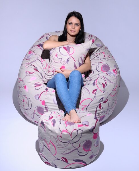 Set Fotoliu King Size cu Otoman (suport picioare) si Perna, Material Textil - Flower Buds