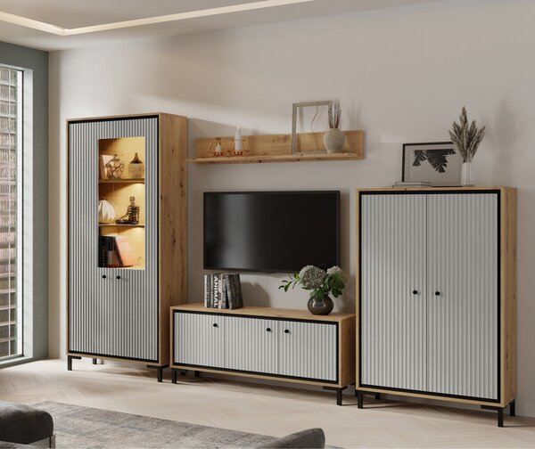 Set living PARII A, stejar artisan/gri, PAL/sticla, cu iluminare LED, 308 cm