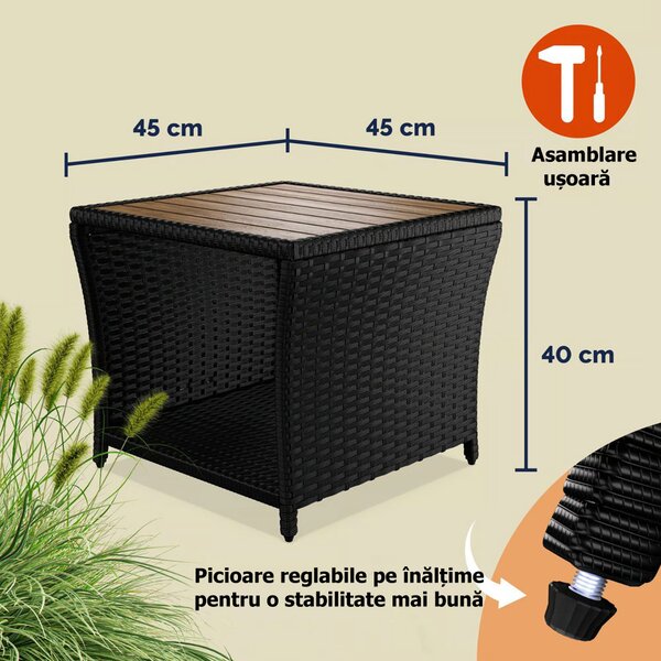 Măsuță auxiliară din poliratan ROCCO cu lemn de acacia, 40x45x45cm, negru/maro Casaria