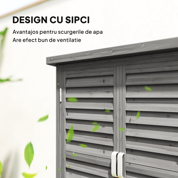 Outsunny Dulap de Grădină din Lemn de Brad cu Uși cu Obloane și 2 Polițe, 87x46,5x96,5cm, Gri | Aosom Romania