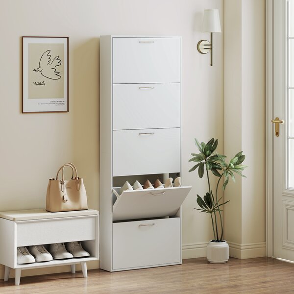 HOMCOM Dulap pentru Pantofi Subțire cu 5 Uși 65x17x180,5 cm în Lemn Alb | Aosom Romania