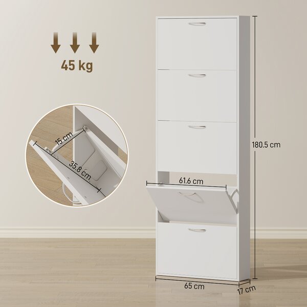 HOMCOM Dulap pentru Pantofi Subțire cu 5 Uși 65x17x180,5 cm în Lemn Alb | Aosom Romania