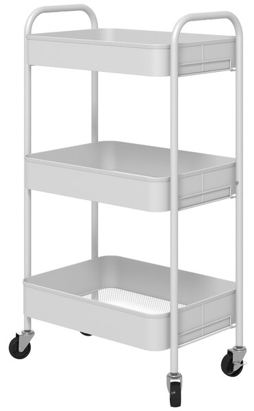 HOMCOM Cărucior pentru Depozitare pe 3 Nivele și Roți cu Frâne, Cărucior Rulant cu 3 Coșuri din Plasă, 45x30,6x79 cm, Alb | Aosom Romania