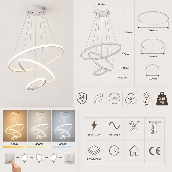 Candelabru Eloria Alb, 36W/70W LED cu 3 culori de lumină