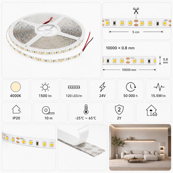 Banda LED 24V, 15.5W/m, 120 LED/m, 4000K
