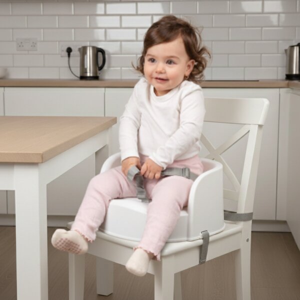 Scaun inaltator de masa portabil pentru copii tip booster Kidizi EasySeat alb, model convertibil in taburet de joaca