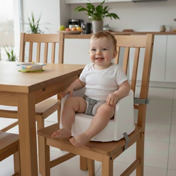 Scaun inaltator de masa portabil pentru copii tip booster Kidizi EasySeat alb, model convertibil in taburet de joaca
