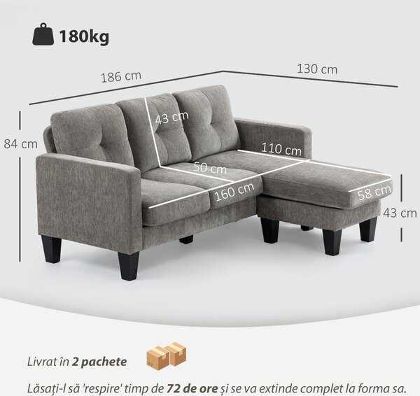 HOMCOM Canapea Colțar Extensibil cu Șezlong Reversibil, Pernă pentru Șezut și Spătar și 3 Locuri, 186x130x84 cm, Maro | Aosom Romania