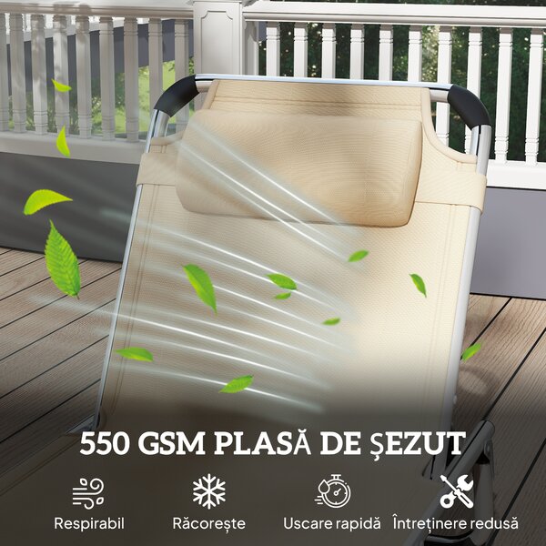 Outsunny Șezlong de plajă, Pliabil cu suport pentru cap, spătar reglabil, aluminiu și textilene, bej | Aosom Romania