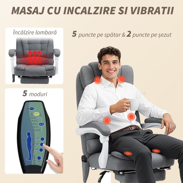 Vinsetto Scaun de Birou cu Telecomandă și 6 Puncte de Masaj, Tapitat cu Stofă Tip Catifea, 67x79x111-121 cm, Gri | Aosom Romania