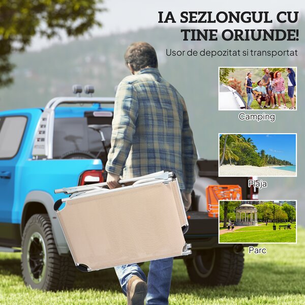 Outsunny Șezlong de plajă, Pliabil cu suport pentru cap, spătar reglabil, aluminiu și textilene, bej | Aosom Romania