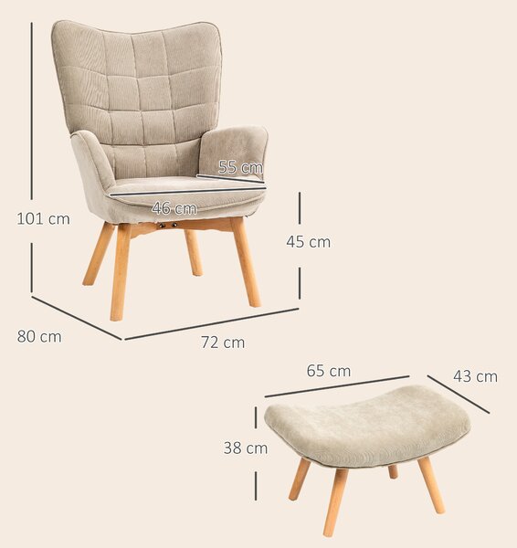HOMCOM Fotoliu cu Taburet din Catifea cu Model Crestat , Spătar Înalt și Brațe, 72x80x101 cm, Bej | Aosom Romania