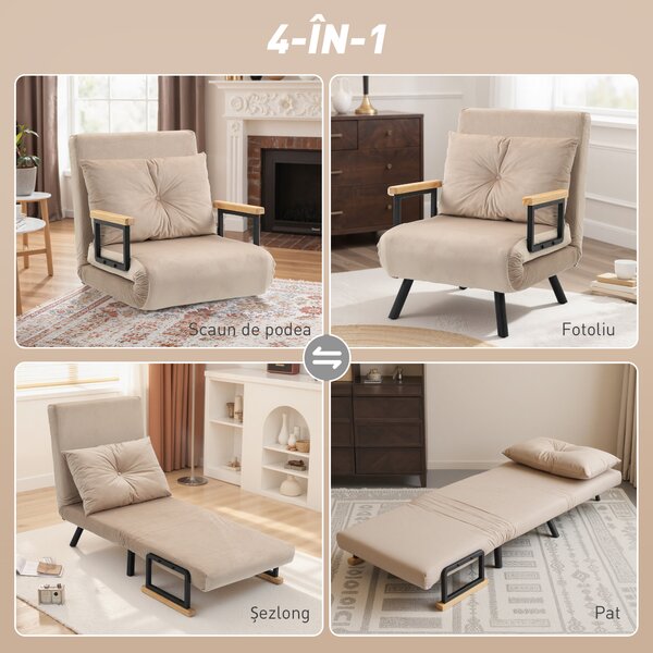 HOMCOM Canapea Extensibilă cu Spătar Reglabil pe 5 Nivele, Canapea Pat Individuală Pliabilă cu Perne, 63x73x81 cm, Negru | Aosom Romania