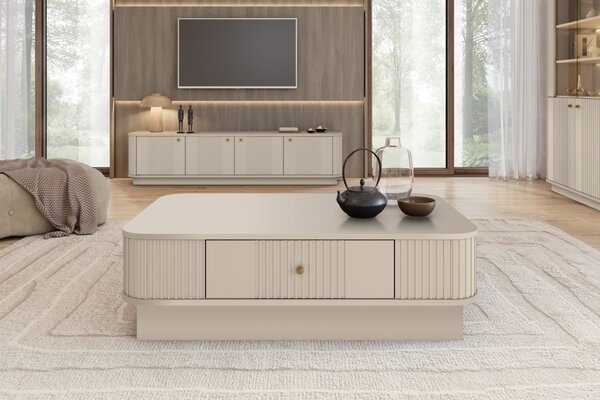 Măsuță de cafea Vesper 103x60 cm cu sertar pe plintă - cashmir / mâner auriu