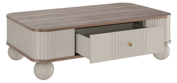 Măsuță de cafea Vesper 103x60 cm cu sertar - cașmir / nuc / mânere aurii / picioare sferice