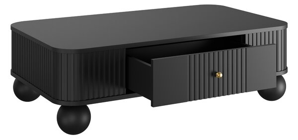 Măsuță de cafea Vesper 103x60 cm cu sertar - negru cu mânere aurii și picioare sferice