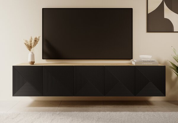 Comodă TV suspendatăă cu front striat Asha 200 cm - artisan / negru mat