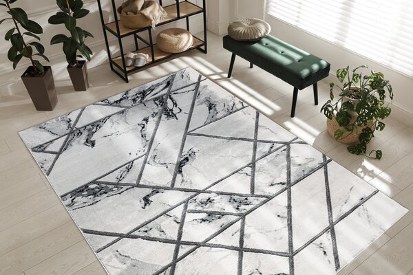 Exclusiv EMERALD covor 0085 glamour, stilat, marmură, geometric alb / argint