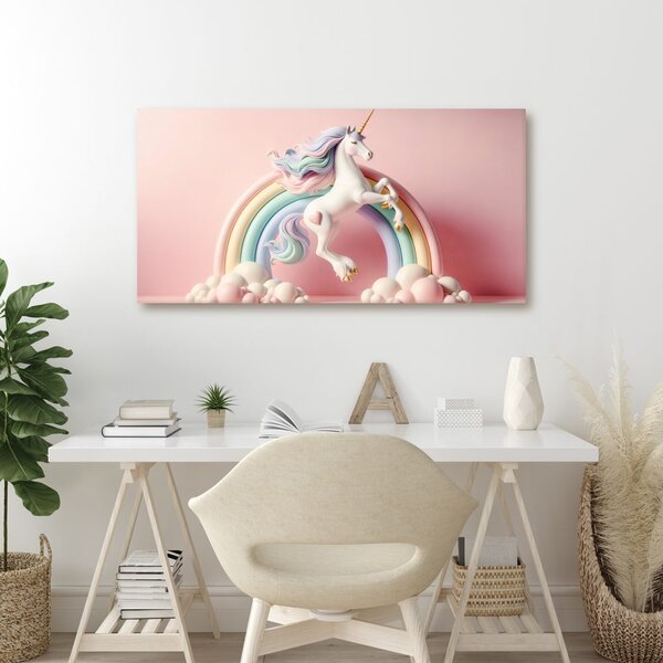 Tablou unicorn de poveste pe un curcubeu pastel