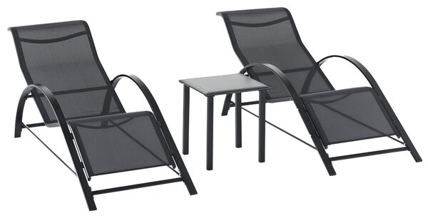 Outsunny Set 2 sezlonguri si masuta cu blat din sticla, sezlong pentru gradina din material respirabil si metal, 59x169x66 cm, negru
