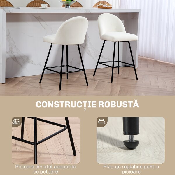 HOMCOM Set 2 Scaune de Bar cu Spătar din Catifea și Suport pentru Picioare, 48.5x56x92 cm, Alb Crem | Aosom Romania
