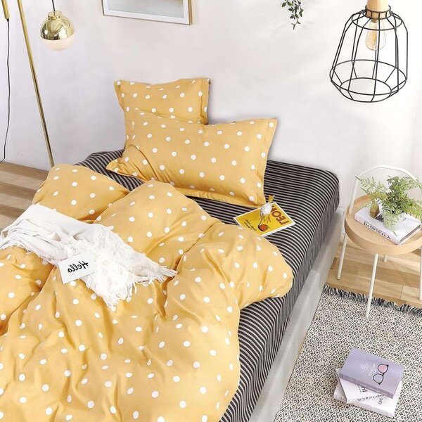 Lenjerie Single cu 4 Piese, Pat 1 Persoana, 100% Bumbac Finet Gros, Buline, Galben/Negru, PS5018