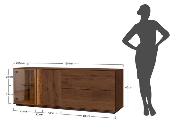 Comodă TV lemn masiv Aurora cu Vitrină Iluminată Stejar Fumuriu, 165 × 43.5 × 60 cm