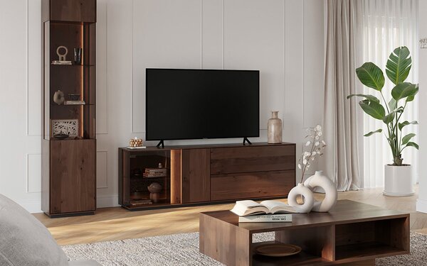 Comodă TV lemn masiv Aurora cu Vitrină Iluminată Stejar Fumuriu, 165 × 43.5 × 60 cm