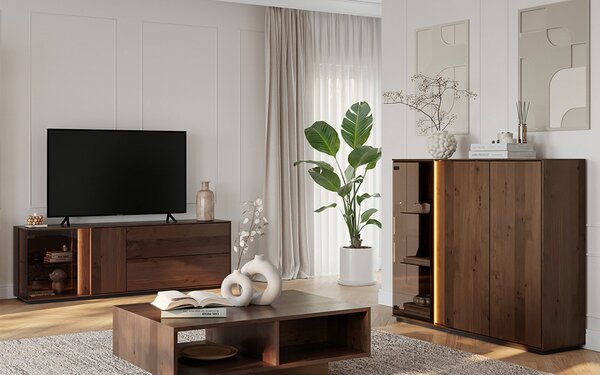 Comodă TV lemn masiv Aurora cu Vitrină Iluminată Stejar Fumuriu, 165 × 43.5 × 60 cm