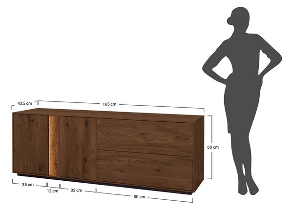 Comodă TV lemn masiv Aurora Iluminată Stejar Fumuriu, 165 × 37 × 60 cm