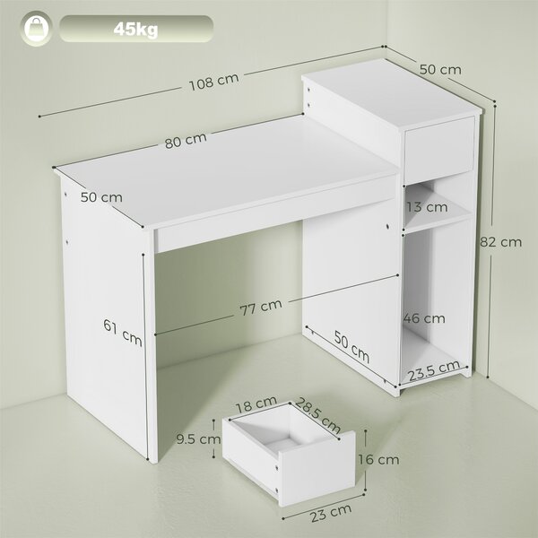 HOMCOM Birou pentru Studiu și Scris cu Sertar și Rafturi, 108 cm, Alb | Aosom Romania