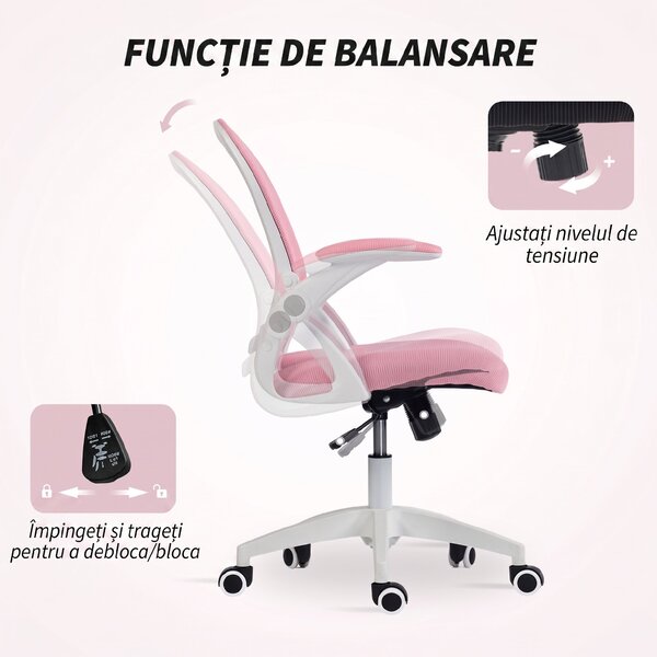 Vinsetto Scaun de Birou Ergonomic, Reglabil, cu Spătar din Plasă și Scaun Captusit, 65.5x61.5x88-97.5 cm, Roz | Aosom Romania