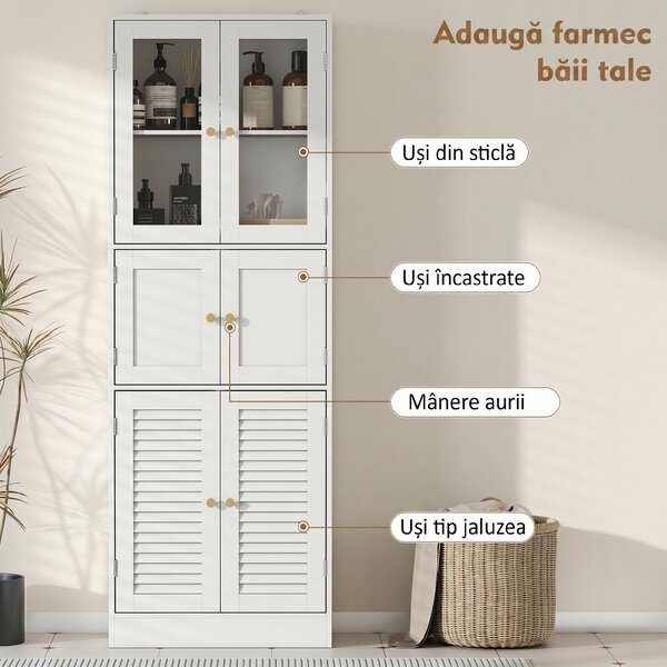 HOMCOM Dulap pentru baie cu 3 compartimente și 2 uși din sticlă și lemn, rafturi reglabile, 60x30x170 cm, alb | Aosom Romania