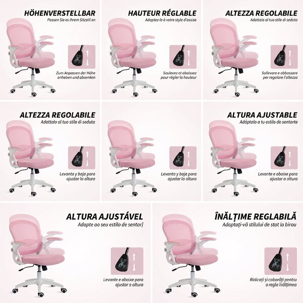Vinsetto Scaun de Birou Ergonomic, Reglabil, cu Spătar din Plasă și Scaun Captusit, 65.5x61.5x88-97.5 cm, Roz | Aosom Romania