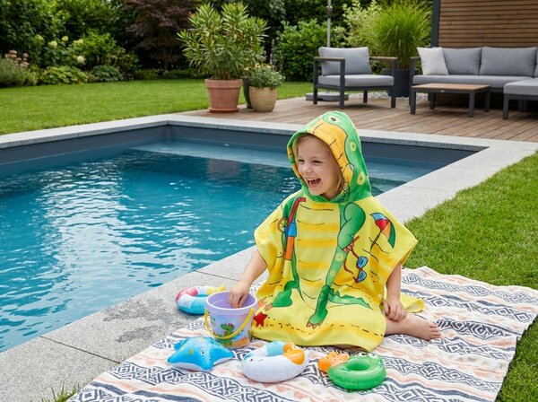 Poncho pentru copii CROCODIL PE PLAJA galben