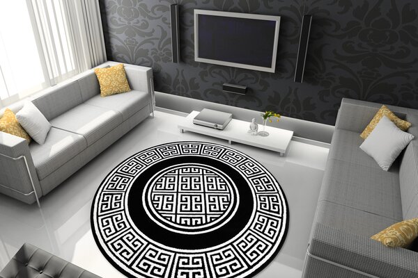 Modern GLOSS covor cerc 6776 85 stilat, cadru, grecesc negru / fildeş