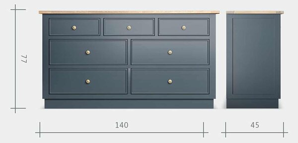 Comodă lemn masiv natur Richmond 7 sertare Albastru/, 140 × 45 × 77 cm