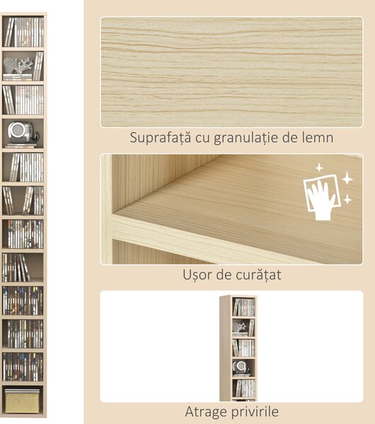 HOMCOM Dulap Biblioteca Suport CD-uri cu 12 Rafturi pentru 204 CD-uri, Raft Biblioteca din MDF si PAL, 21x20x175 cm, Lemn natural