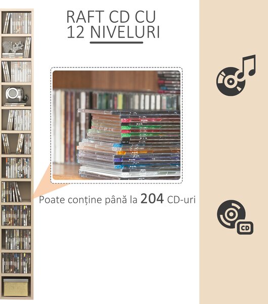 HOMCOM Dulap Biblioteca Suport CD-uri cu 12 Rafturi pentru 204 CD-uri, Raft Biblioteca din MDF si PAL, 21x20x175 cm, Lemn natural