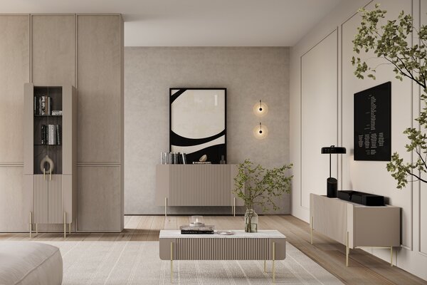 Comodă cu trei uși Malmi 150 cm - cashmere / crema bianca / picioare aurii