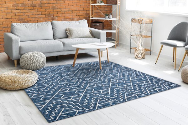 Covor SISAL SION Geometric, Caro 21778 țesute plate albastru inchis / ecru