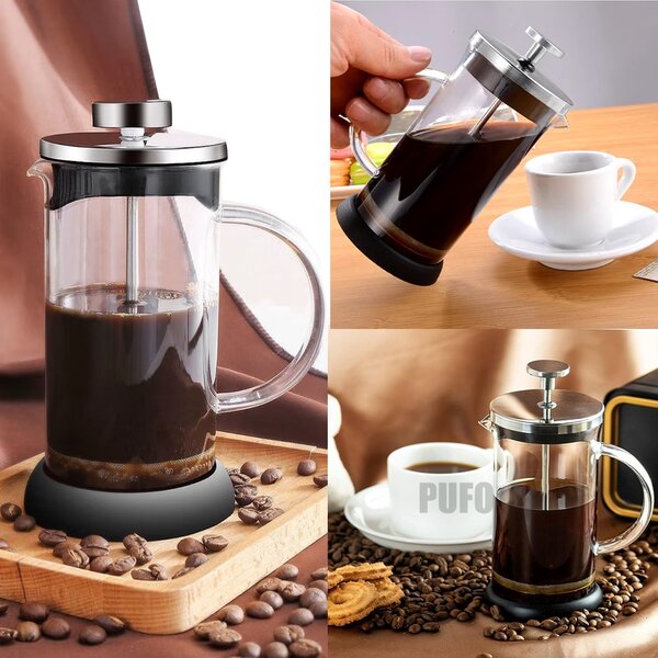 Ceainic infuzor modern Pufo Tea din sticla borosilicata cu maner si sita de tip presa franceza, 600 ml