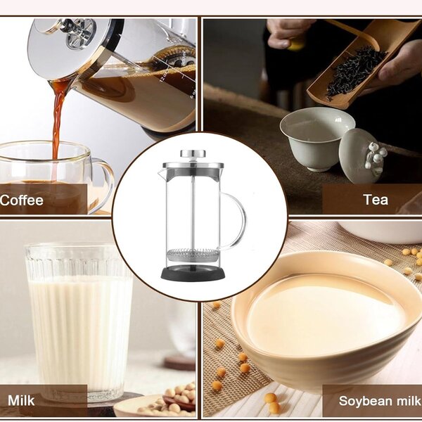 Ceainic infuzor modern Pufo Tea din sticla borosilicata cu maner si sita de tip presa franceza, 600 ml