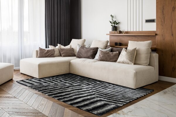 Covor FLIM 010-B3 modern shaggy, labirint - structural fekete / szürke