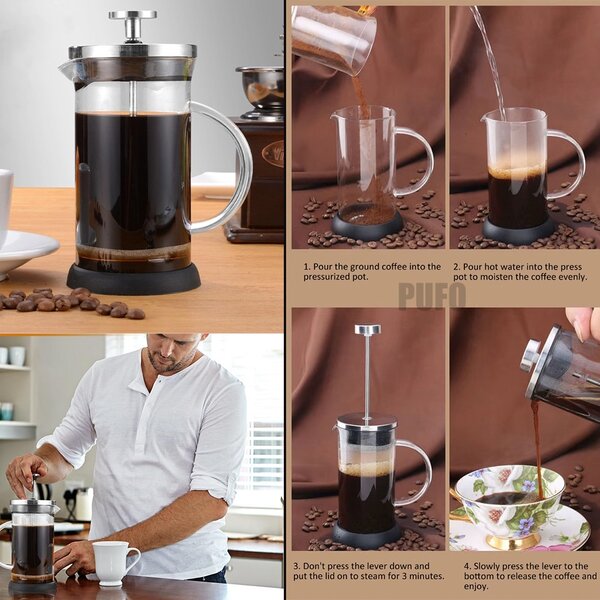 Ceainic infuzor modern Pufo Tea din sticla borosilicata cu maner si sita de tip presa franceza, 600 ml