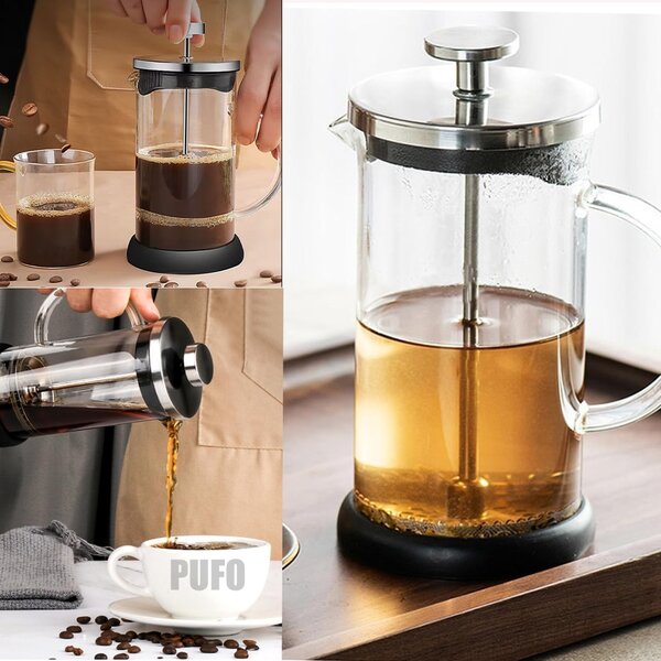 Ceainic infuzor modern Pufo Tea din sticla borosilicata cu maner si sita de tip presa franceza, 600 ml