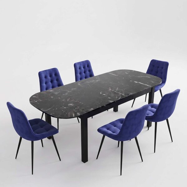 Set Masă Extensibilă Bucătărie / Dining Carla Negru Marmorat 134–174 × 80 × 75 cm cu 6 Scaune Onix Albastru, Tapițate, Picioare Metalice Negre
