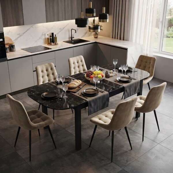 Set Masă Extensibilă Bucătărie / Dining Carla Negru Marmorat 134–174 × 80 × 75 cm cu 6 Scaune Onix Bej, Tapițate, Picioare Metalice Negre