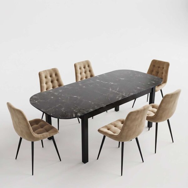 Set Masă Extensibilă Bucătărie / Dining Carla Negru Marmorat 134–174 × 80 × 75 cm cu 6 Scaune Onix Bej, Tapițate, Picioare Metalice Negre