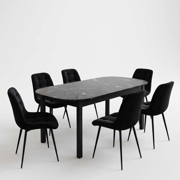 Set Masă Extensibilă Bucătărie / Dining Carla Negru Marmorat 134–174 × 80 × 75 cm cu 6 Scaune Onix Negru, Tapițate, Picioare Metalice Negre